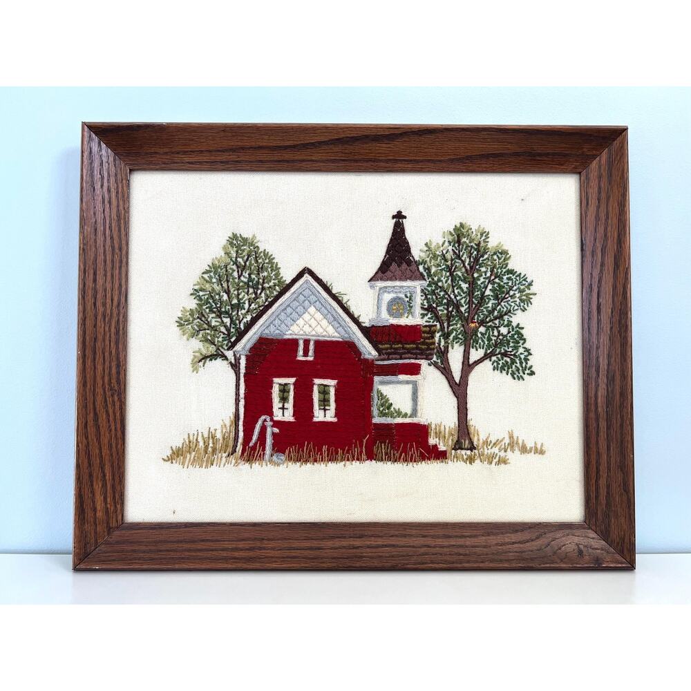 VTG Crewel Schoolhouse Wall Art Framed Needlework for Fall Teacher Gift Cottage